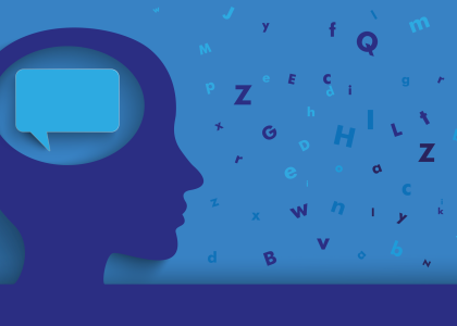 graphic of head with speech bubble inside with letters scattered around