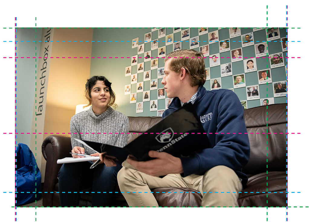 Interns in conversation; showing the banner image with crop breakdowns