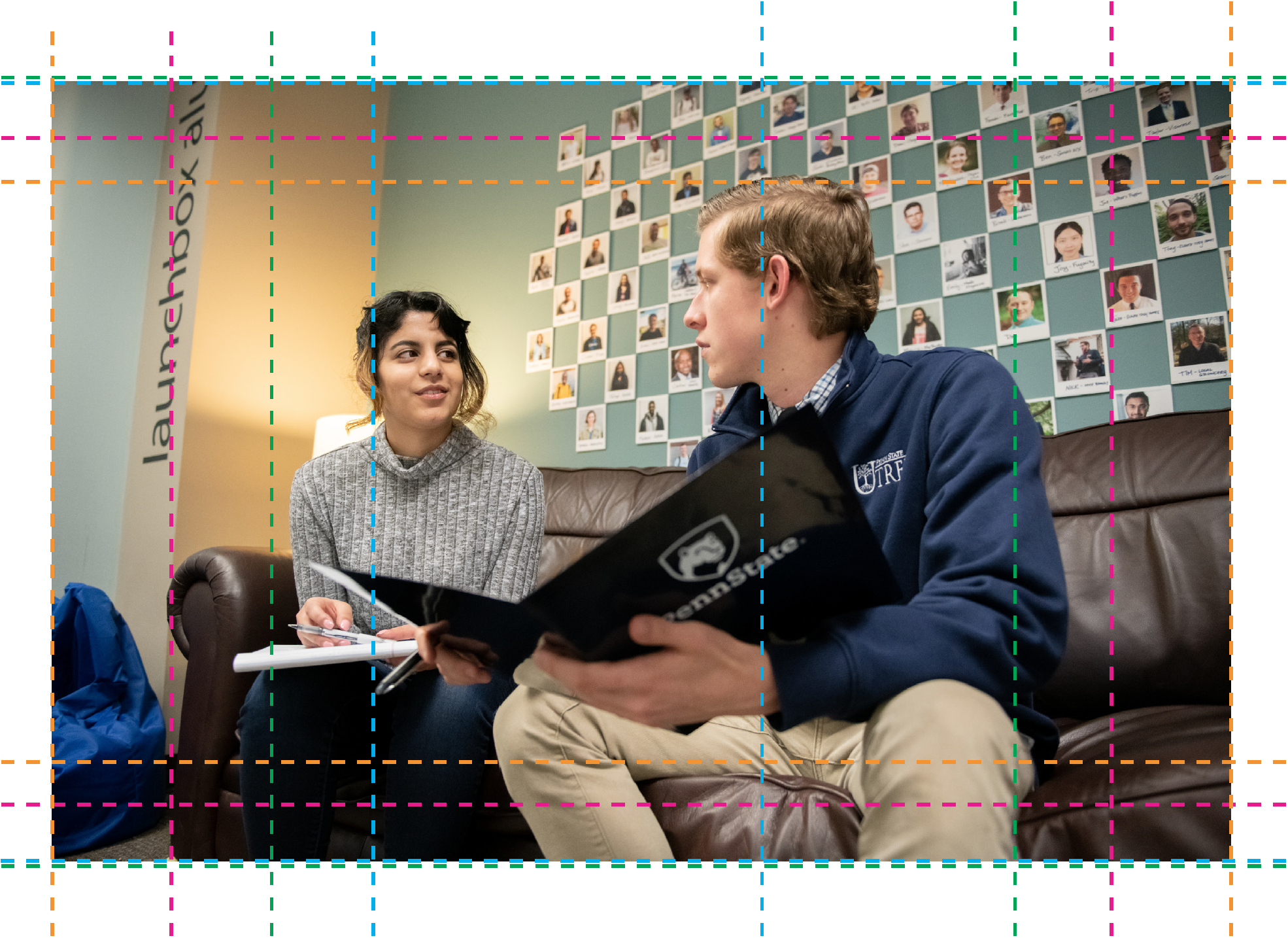 Interns in conversation; showing the original image with crops for the Story Image