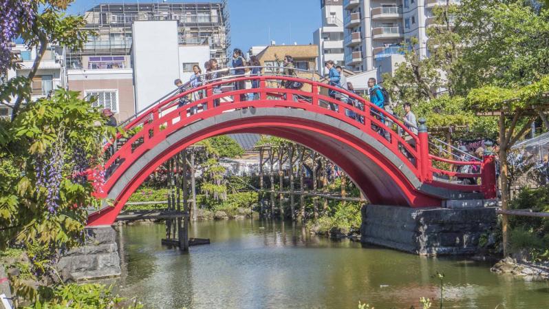 Red arch bridge over water in a city.