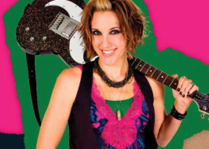 Woman with a guitar on her shoulder. With bright pink, green and dark blue paper shreds. Nutrition Education Through Entertainment