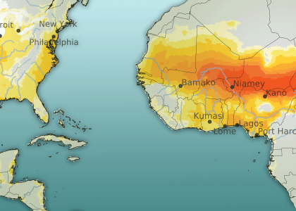 Composite map showing eastern US and western Africa. Subsaharan Africa is yellow and orange. The eastern US is yellow.