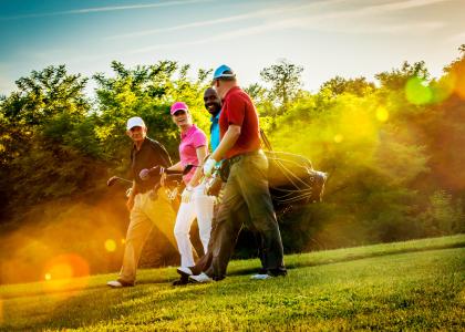 a group of 4 golfers walking on a fairway in the afternoon light