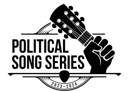Political Song Series graphic— hand on guitar neck, black and white drawing