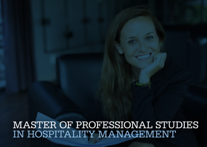 Master of Professional Studies in Hospitality Management; woman smiling with hand on chin