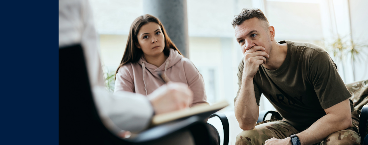 Army Veteran sitting in concern