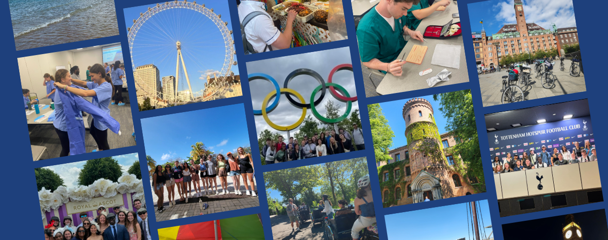 Various pictures of Kines study abroad programs in London, Copenhagen, and West Grenada.