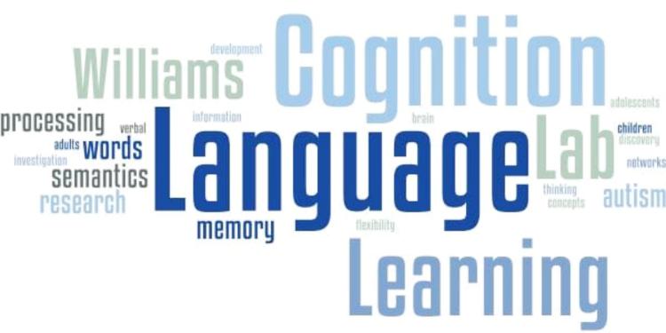 word cloud: williams, cognition, language, learning, lab, memory, processing, words, semantics, research, autism